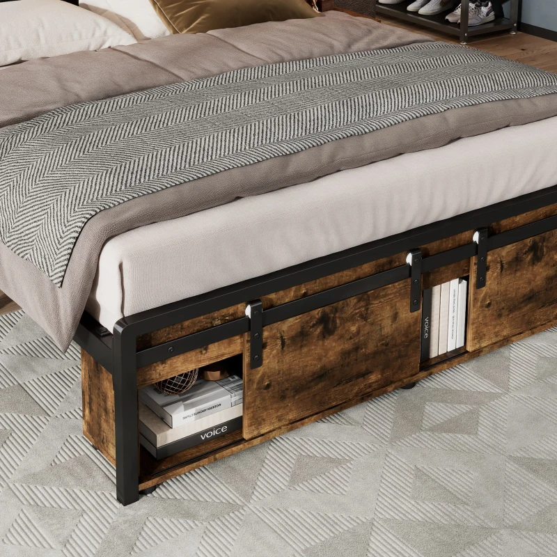 Metal Double Bed with LED Lights and Charging Ports, Practical Bed Base with Built-In Storage, 209L x 137.5W x 114.5H cm, Black+Natural