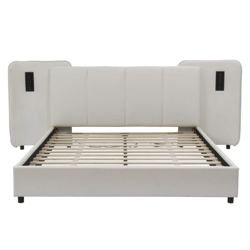 Upholstered Double Bed with Charging Port and Lighting, Headboard with Impact-Resistant Sponge Padding, 209L x 221W x 86.5H cm, Beige