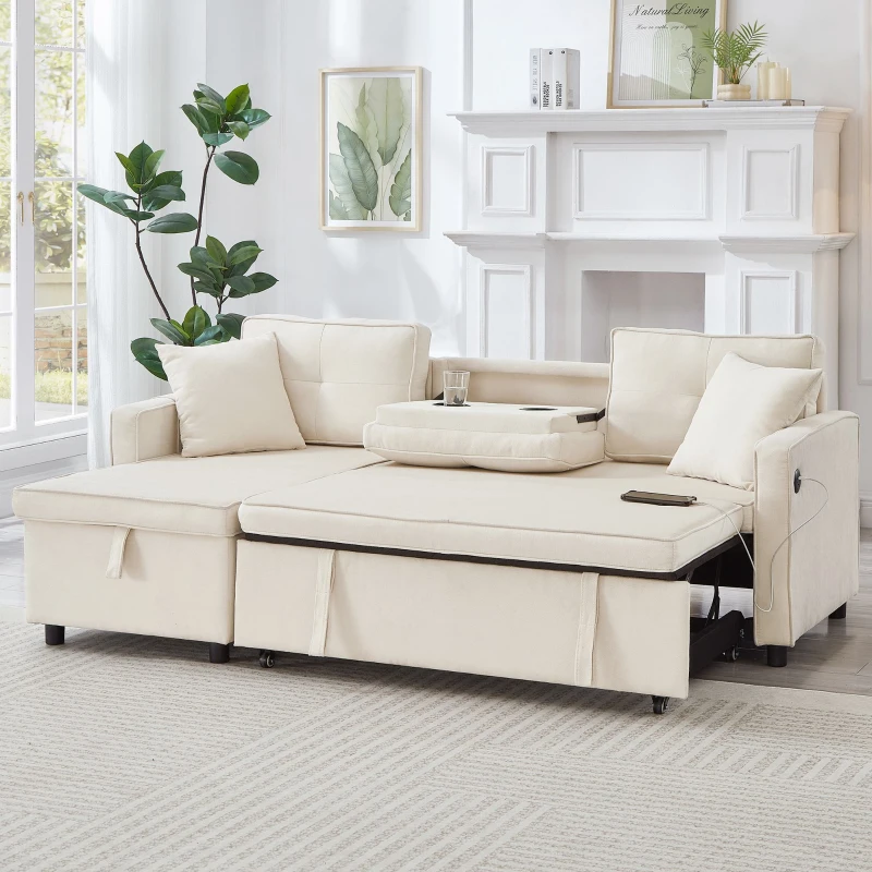 L-Shaped Convertible Sofa Bed with Reversible Chaise, Storage, Sleeper Sofa Ideal for Space-Saving Rooms, 196L x 126W x 79H cm, Beige