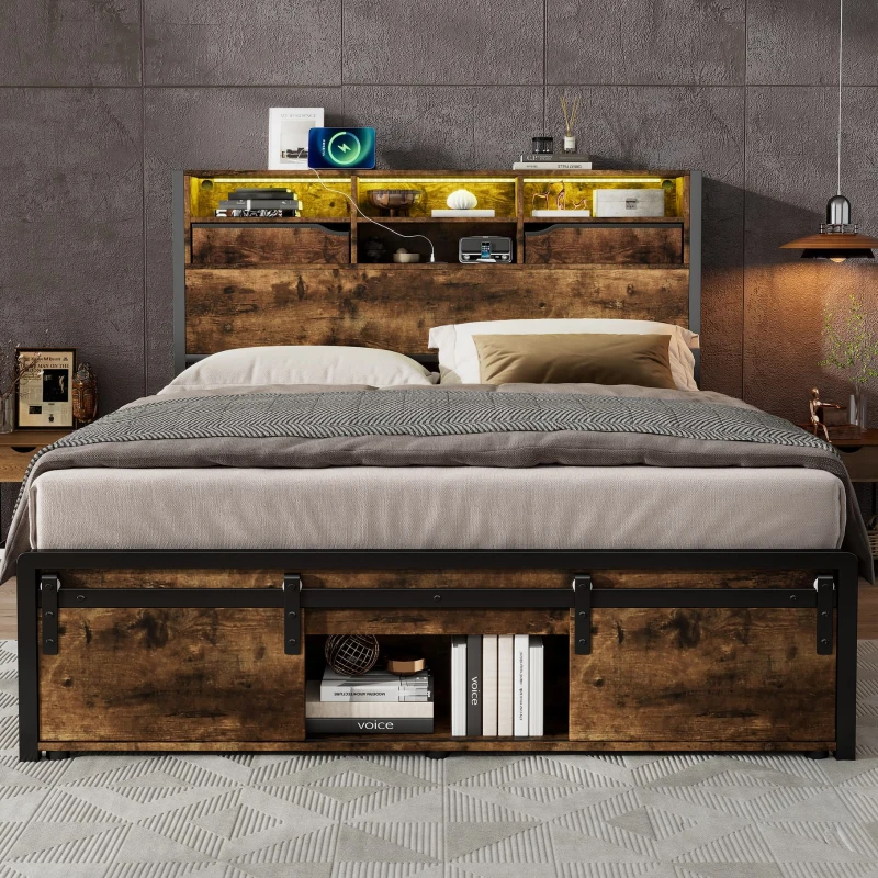 Metal Double Bed with LED Lights and Charging Ports, Practical Bed Base with Built-In Storage, 209L x 137.5W x 114.5H cm, Black+Natural