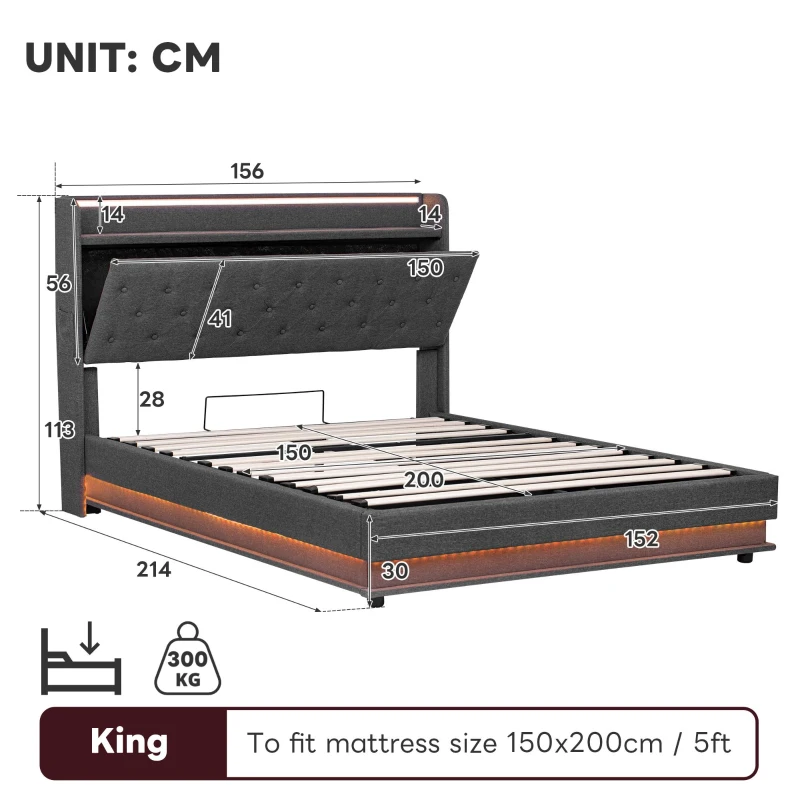 King Upholstered Bed Frame with Hydraulic Storage, Charging Station, LED Headboard Ideal for Living Room, 214L x 156W x 113H cm, Grey