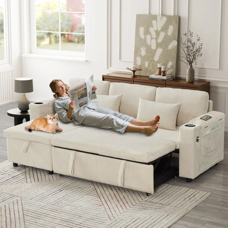 3-in-1 Convertible Corduroy Sofa Bed with Storage and Charging Station, L-Shaped Sleeper Sofa with Armrest, 205L x 128W x 79H cm, Beige