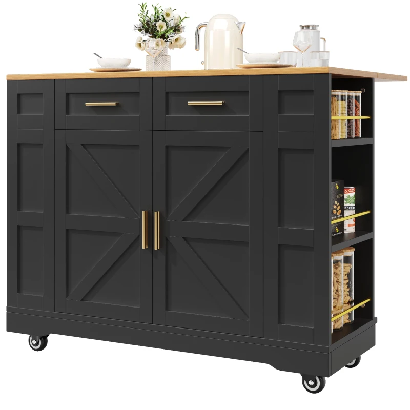 Elegant Kitchen Island Trolley with Wheels, Foldable Worktop, Black Kitchen Trolley with Double-Sided Storage, 120L x 40W x 90H cm, Black