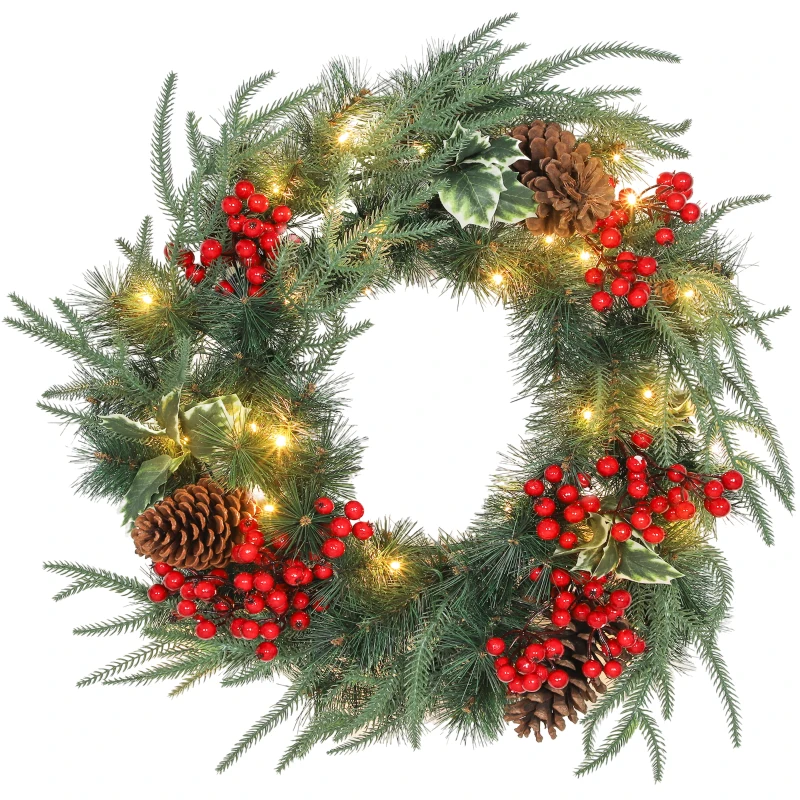 HOMCOM Ghirlandă de Crăciun de 60 cm cu Lumini LED Albe, Coroană de Crăciun cu Temporizator, 170 de Ramuri, Conuri de Pin, Boabe și Vâsc, Decor de Crăciun pentru Ușă și Fereastră, Verde