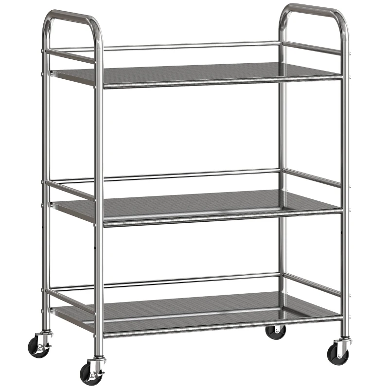 HOMCOM Carrinho Auxiliar com Rodas de Aço Inoxidável de 3 Níveis com Prateleira Ajustável 2 Rodas com Travão 60x35x77 cm Prateado