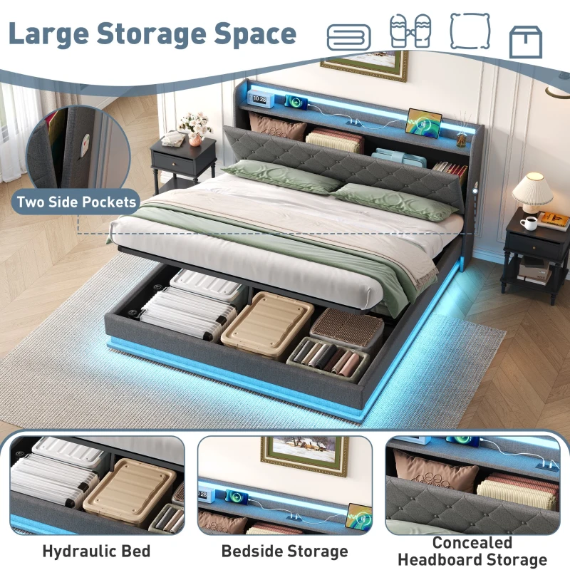 Double Upholstered Bed Frame with Hydraulic Storage, Charging Station, LED Headboard Ideal for Living Room, 203L x 141W x 113H cm, Grey