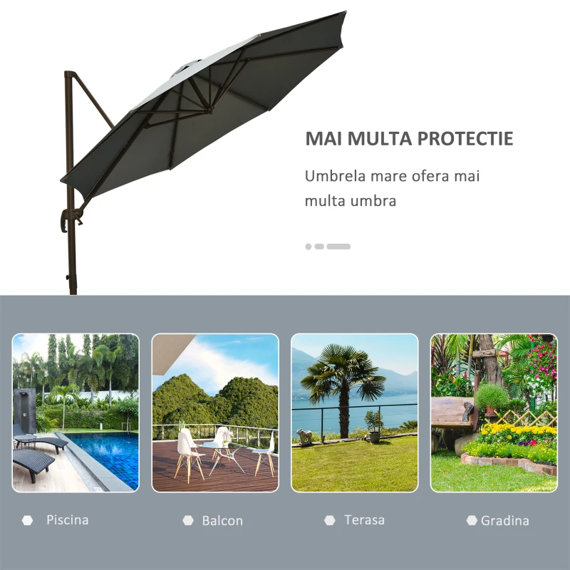 Outsunny Umbrel de Gradină cu Manivelă cu Înclinare Reglabilă, Umbrelă cu Braț și Stinghii, Ø2.95x2.5 m, Gri