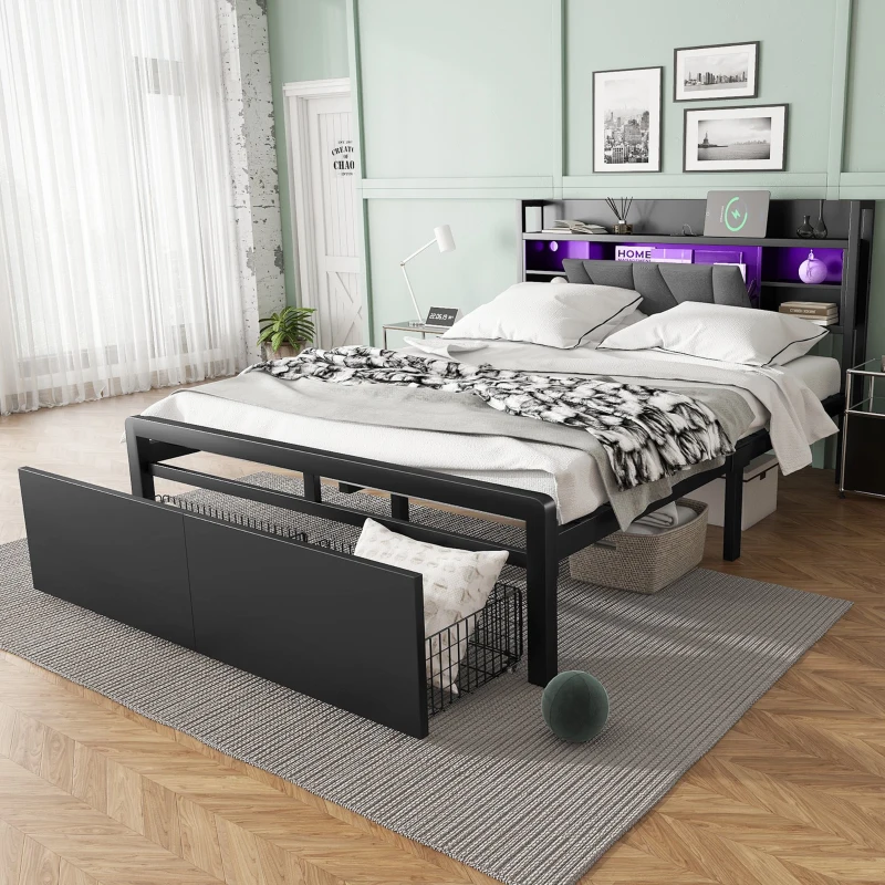 Metal Bed with LED Lights and Charging Ports, Bed Frame with Wheeled Drawers, Padded Storage, 209L x 137.5W x 100H cm, Black