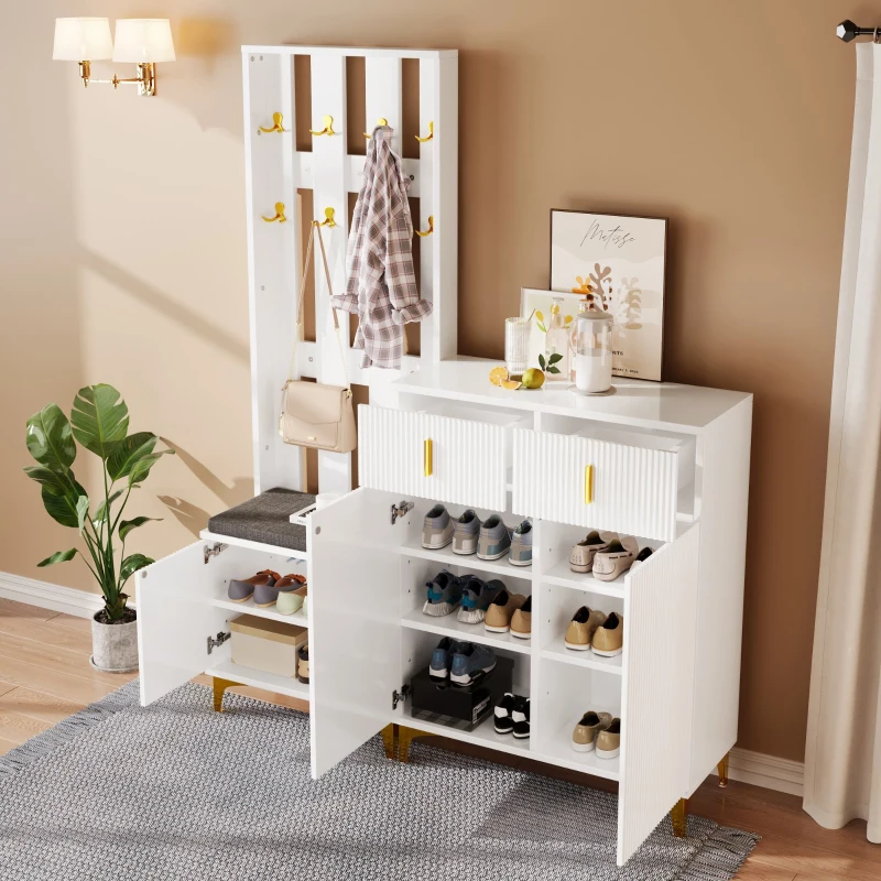Practical Wardrobe Set with Shoe Bench and Cushion, Wave Texture, Closet Set Perfect for Entryway, 60.5L x 35W x 180.5H cm, White