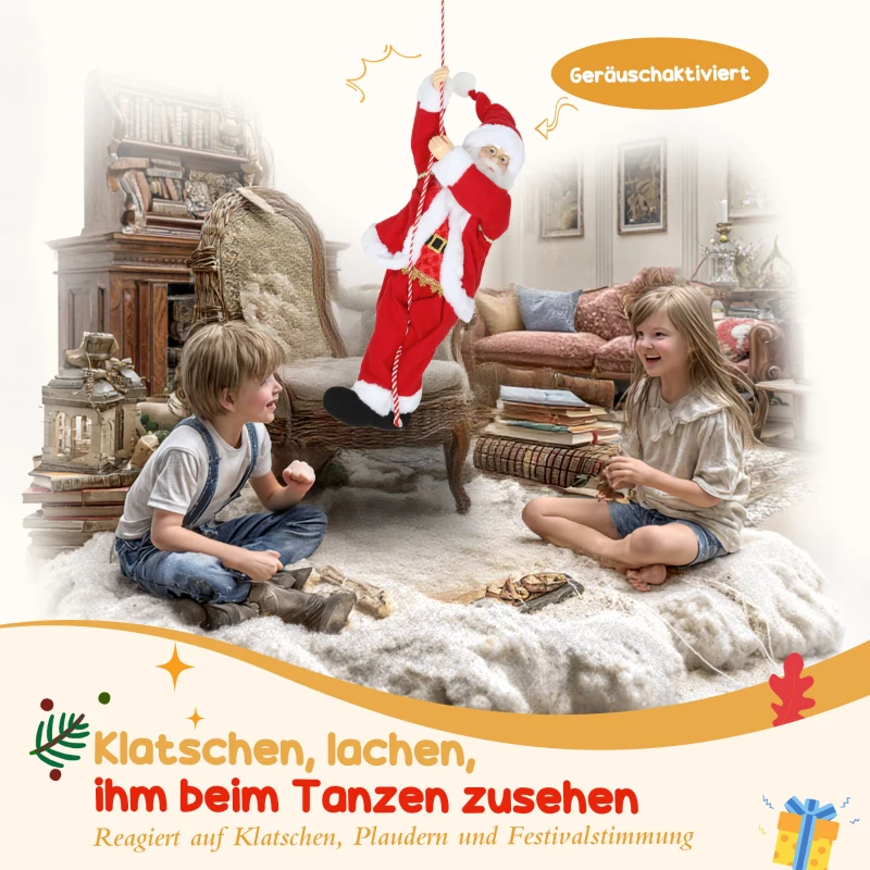 HOMCOM Kerstman 60 cm Zingend en Klimmend Kerstman met Geschenk Touw Soundfunctie Indoor, Rood