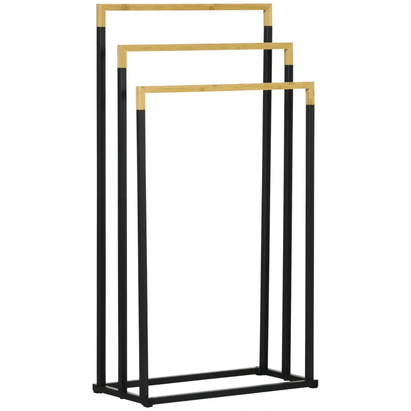 kleankin Suport pentru Prosoape cu 3 Bare din Bambus si Otel cu Design Autoportant, 45x22.5x86 cm, Negru si Lemn Natur