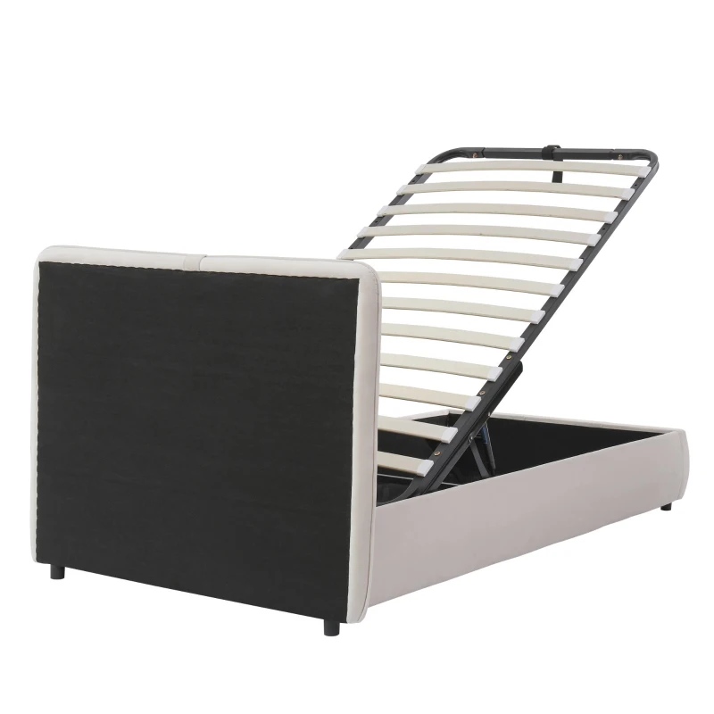 Upholstered Hydraulic Bed with Storage and Removable Headboard, Crafted Headboard with Velvet and Plywood, 210L x 110W x 90H cm, Beige