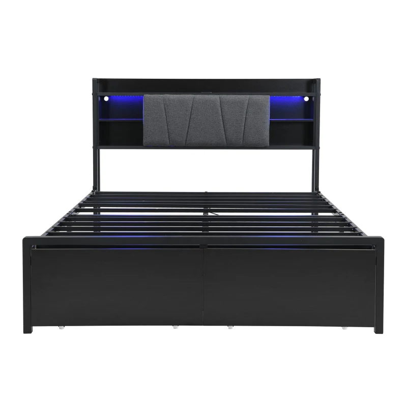 Metal Bed with LED Lights and Charging Ports, Bed Frame with Wheeled Drawers, Padded Storage, 209L x 137.5W x 100H cm, Black