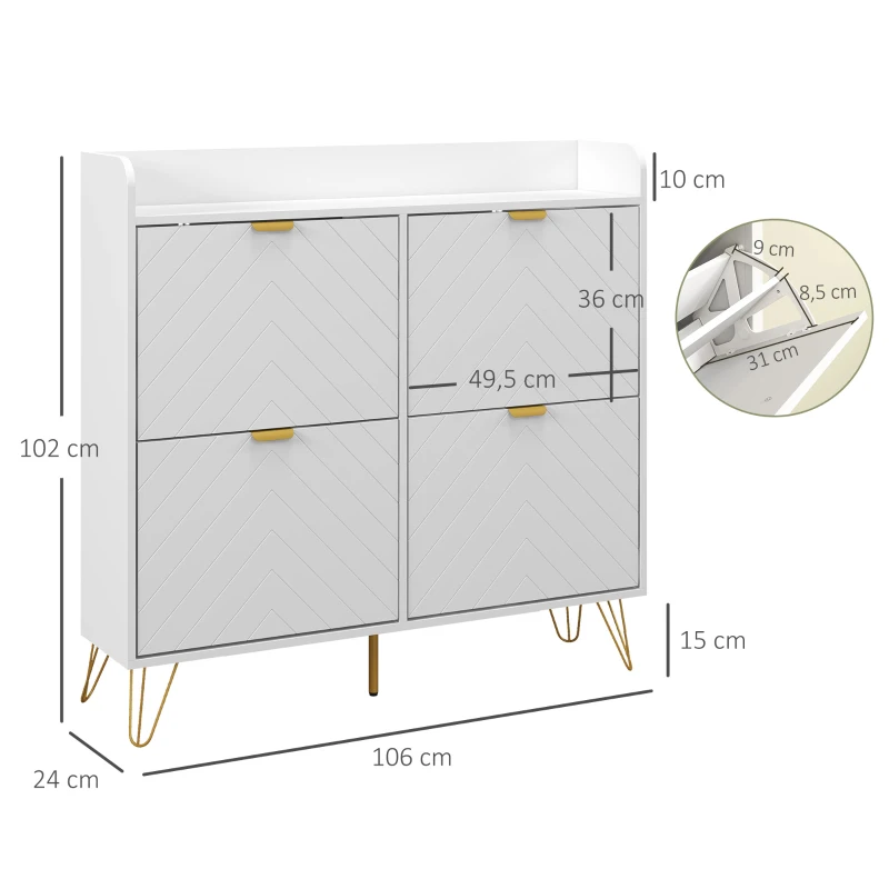 HOMCOM Meuble à chaussures 4 abattants, avec étagère réglable, rangement chaussure 106 x 24 x 102 cm, blanc(m-3)