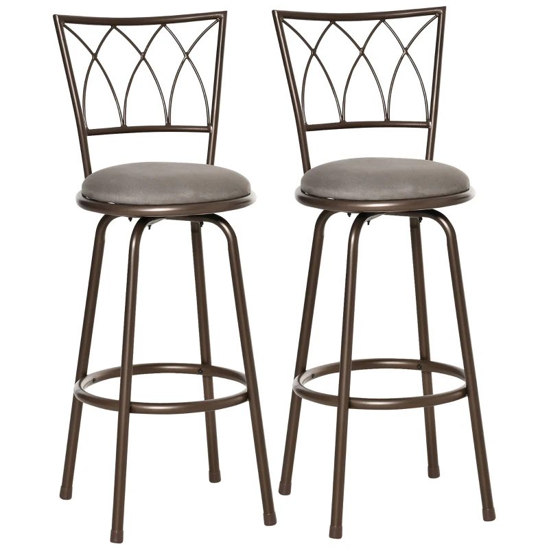 HOMCOM Set of 2 Bar Chairs Swivel Armless Upholstered Metal Frame Barstools with Backrest & Footrest, Bronze
