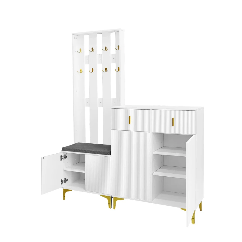 Practical Wardrobe Set with Shoe Bench and Cushion, Wave Texture, Closet Set Perfect for Entryway, 60.5L x 35W x 180.5H cm, White
