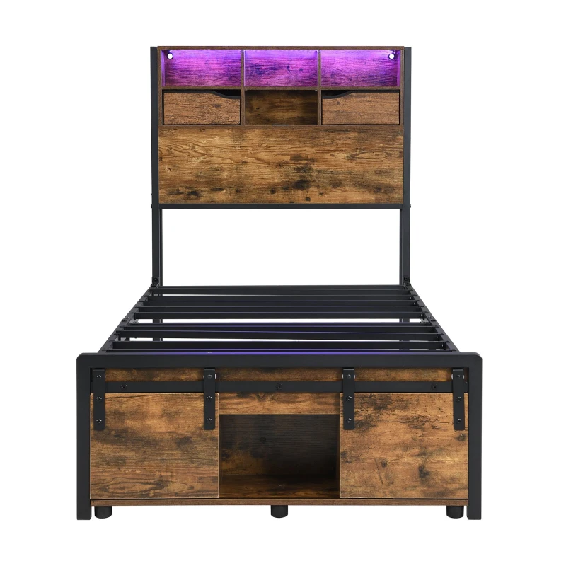 Modern Metal Single Bed with LED Lights and Charging Ports, Crafted Headboard with Sturdy Iron Slats, 209L x 90.5W x 114.5H cm, Black+Natural