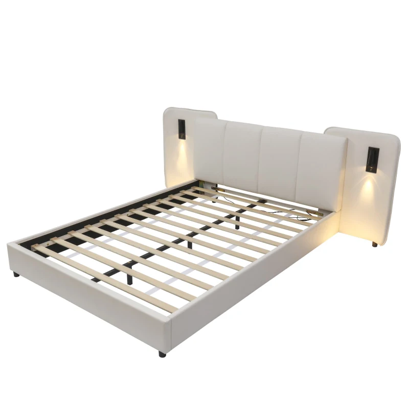 Upholstered Double Bed with Charging Port and Lighting, Headboard with Impact-Resistant Sponge Padding, 209L x 221W x 86.5H cm, Beige
