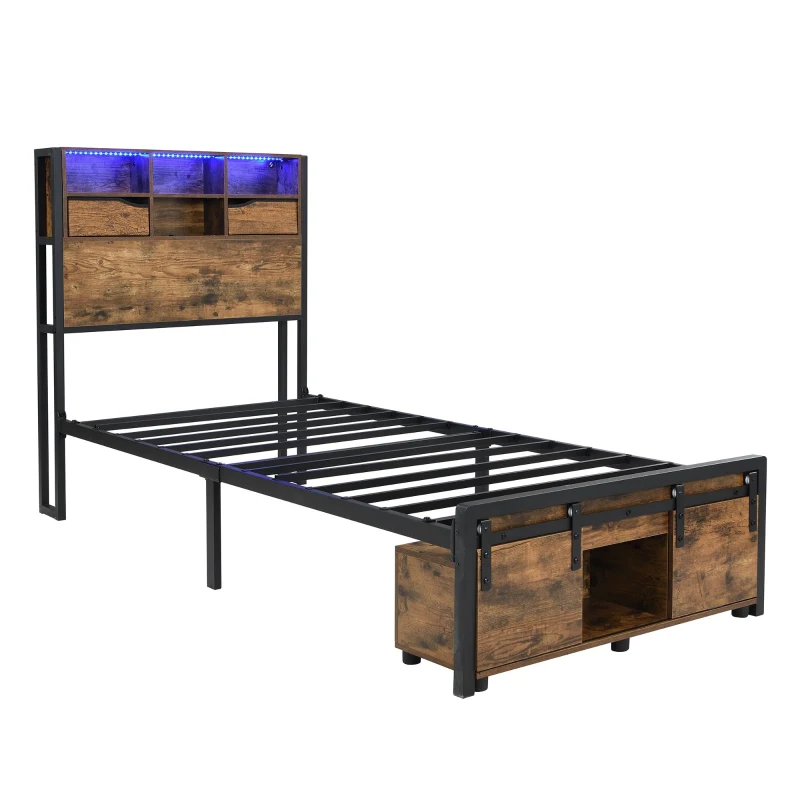 Modern Metal Single Bed with LED Lights and Charging Ports, Crafted Headboard with Sturdy Iron Slats, 209L x 90.5W x 114.5H cm, Black+Natural