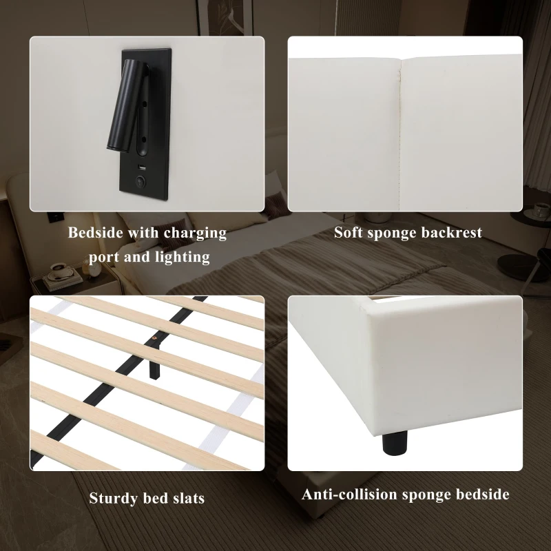 Upholstered Double Bed with Charging Port and Lighting, Headboard with Impact-Resistant Sponge Padding, 209L x 221W x 86.5H cm, Beige
