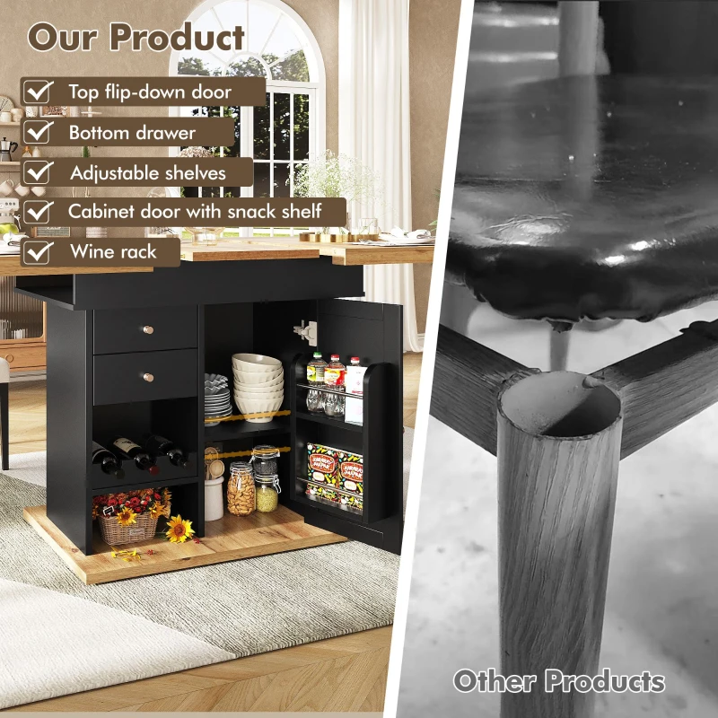 Telescopic Dining Table with Snack Shelf and Wine Rack for 4-6 People, Kitchen Table for Modern Living, 110L x 80W x 75H cm, Black+Natural