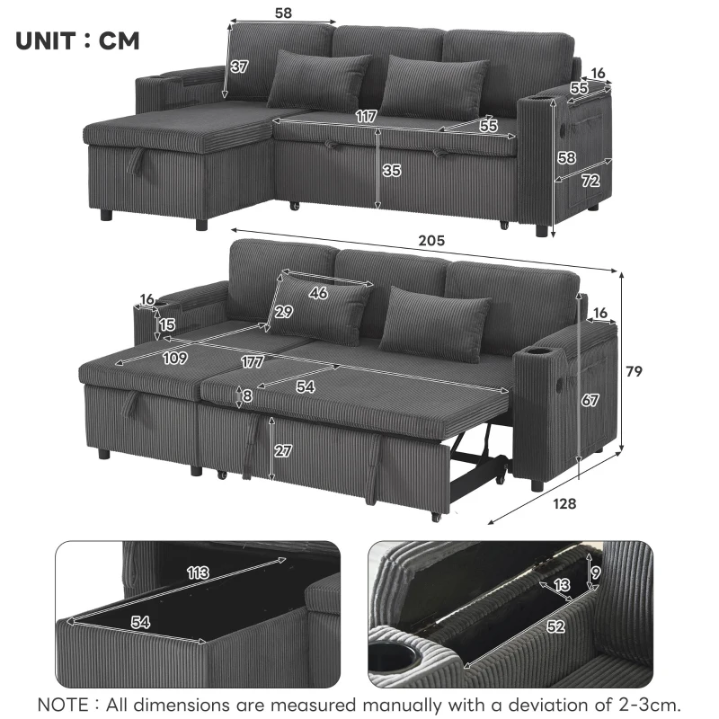 3-in-1 Convertible Corduroy Sofa Bed with Chaise and Charging Station, L-Shaped Sleeper Sofa with Armrest, 205L x 128W x 79H cm, Grey
