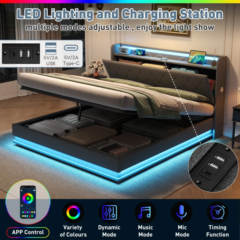 King Upholstered Bed Frame with Hydraulic Storage, Charging Station, LED Headboard Ideal for Living Room, 214L x 156W x 113H cm, Grey