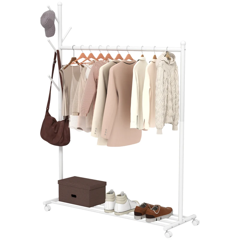 HOMCOM Portant pour Vêtements avec Roulettes 5 Crochets Barre pour Suspendre et Étagère Inférieure pour Hall d'Entrée Entrée 120x43x171 cm Blanc