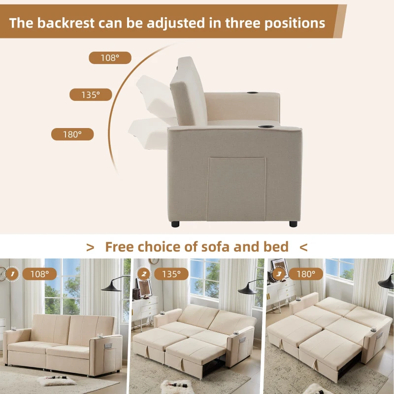 Versatile Sofa Bed with King-Size Independent Pull-Out and Fabric Design, Sleeper Sofa with Cup Holders and Pockets, 207L x 87W x 96H cm, Beige