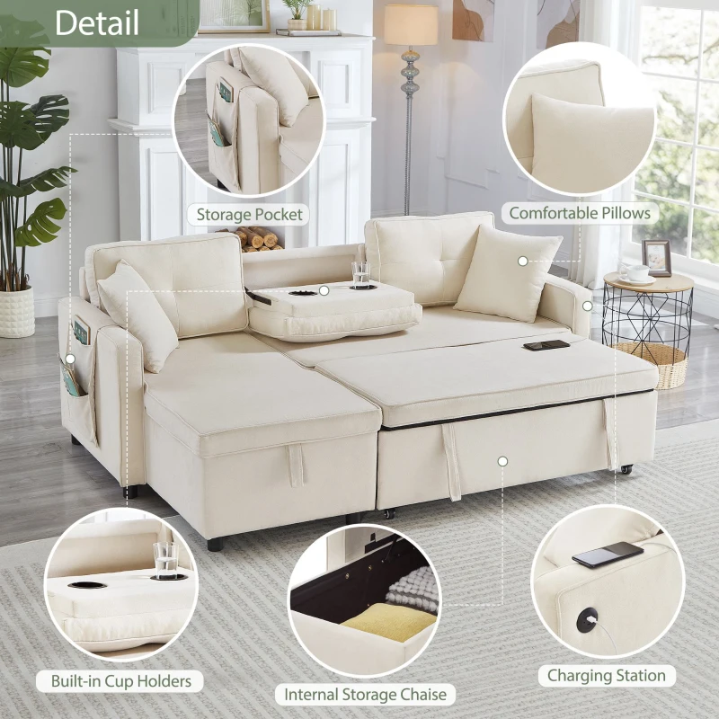 L-Shaped Convertible Sofa Bed with Reversible Chaise, Storage, Sleeper Sofa Ideal for Space-Saving Rooms, 196L x 126W x 79H cm, Beige