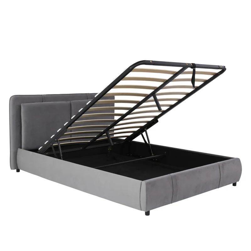 Upholstered Hydraulic Bed with Storage and Removable Headboard, Crafted Headboard with Velvet and Plywood, 210L x 159W x 90H cm, Grey