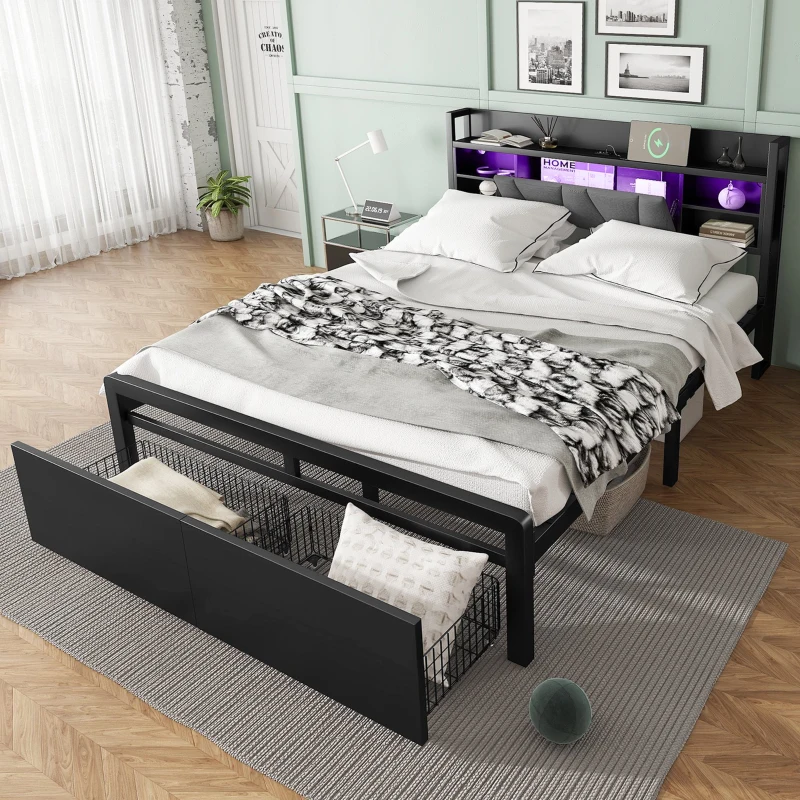 Metal Bed with LED Lights and Charging Ports, Bed Frame with Wheeled Drawers, Padded Storage, 209L x 137.5W x 100H cm, Black