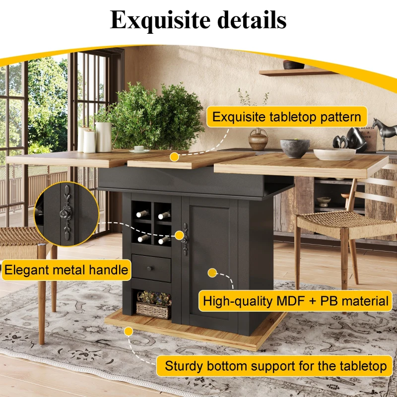 Extendable Dining Table with Modern Design for 4-6 People, Kitchen Table with Wine Rack and Drawers, 110L x 80W x 75H cm, Black+Natural