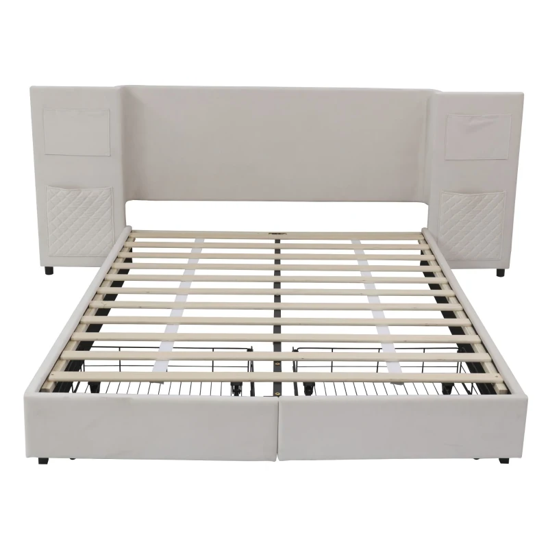 Upholstered Double Bed with Storage Drawers and Headboard Pockets, Bed Frame with Velvet and Plywood, 229L x 222.5W x 87.5H cm, Beige