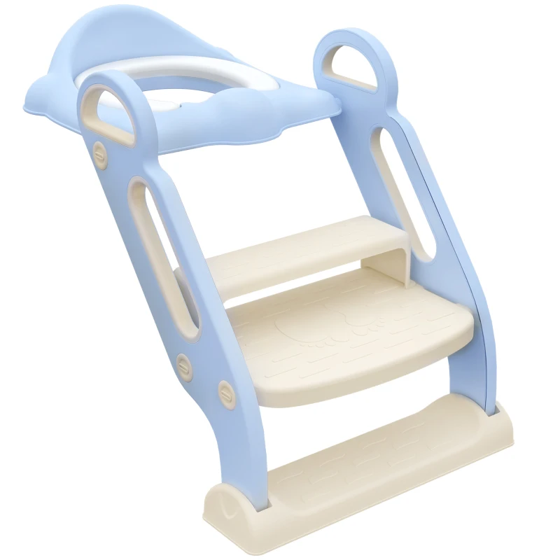 ZONEKIZ Reductor și Scăunel Înălțător WC cu Scară Reglabilă, Mânere și Pernă Detașabilă, 67,9x42,8x51,5 cm, Albastru