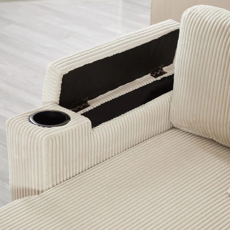 3-in-1 Convertible Corduroy Sofa Bed with Storage and Charging Station, L-Shaped Sleeper Sofa with Armrest, 205L x 128W x 79H cm, Beige