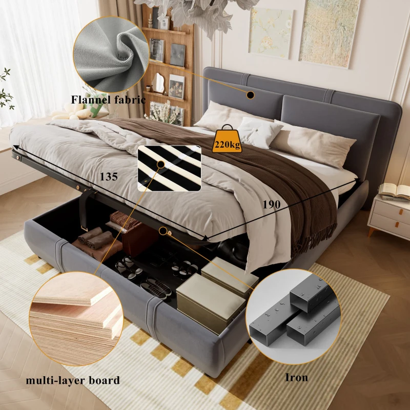 Upholstered Hydraulic Bed with Storage and Removable Headboard, Crafted Headboard with Velvet and Plywood, 210L x 159W x 90H cm, Grey