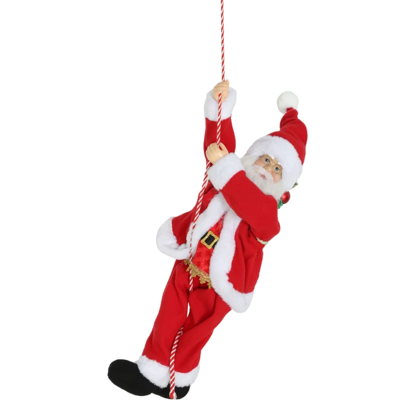 HOMCOM Kerstman 60 cm Zingend en Klimmend Kerstman met Geschenk Touw Soundfunctie Indoor, Rood