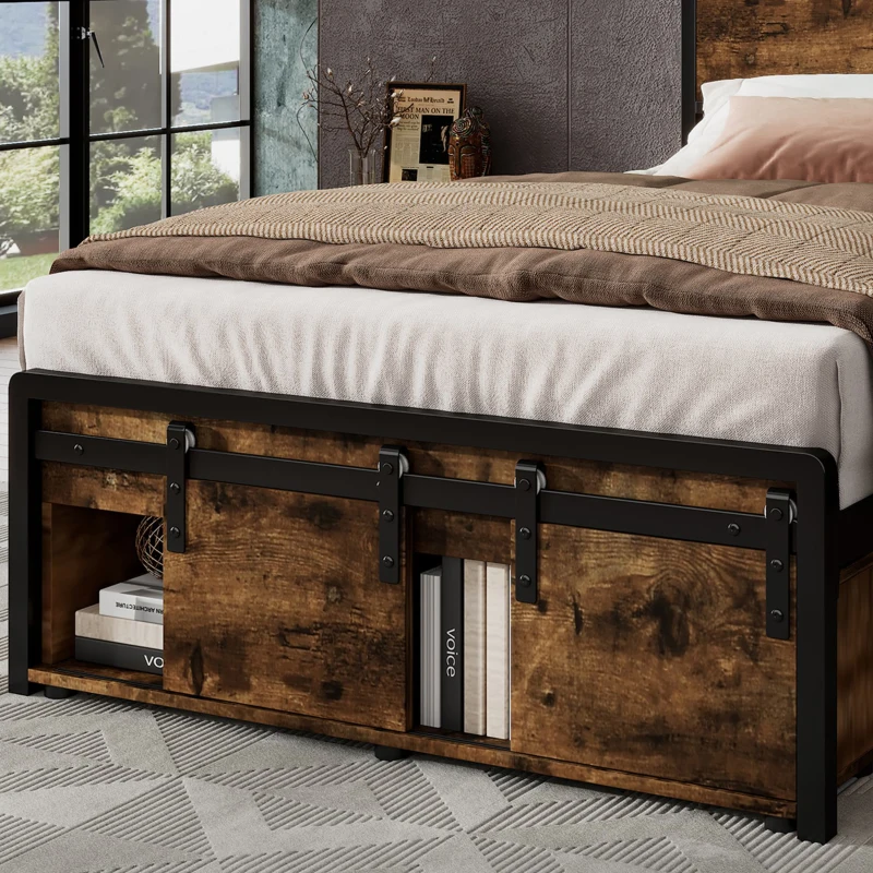 Modern Metal Single Bed with LED Lights and Charging Ports, Crafted Headboard with Sturdy Iron Slats, 209L x 90.5W x 114.5H cm, Black+Natural