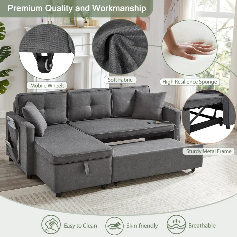 L-Shaped Convertible Sofa Bed with Reversible Chaise, Storage, Sleeper Sofa Ideal for Space-Saving Rooms, 196L x 126W x 79H cm, Grey