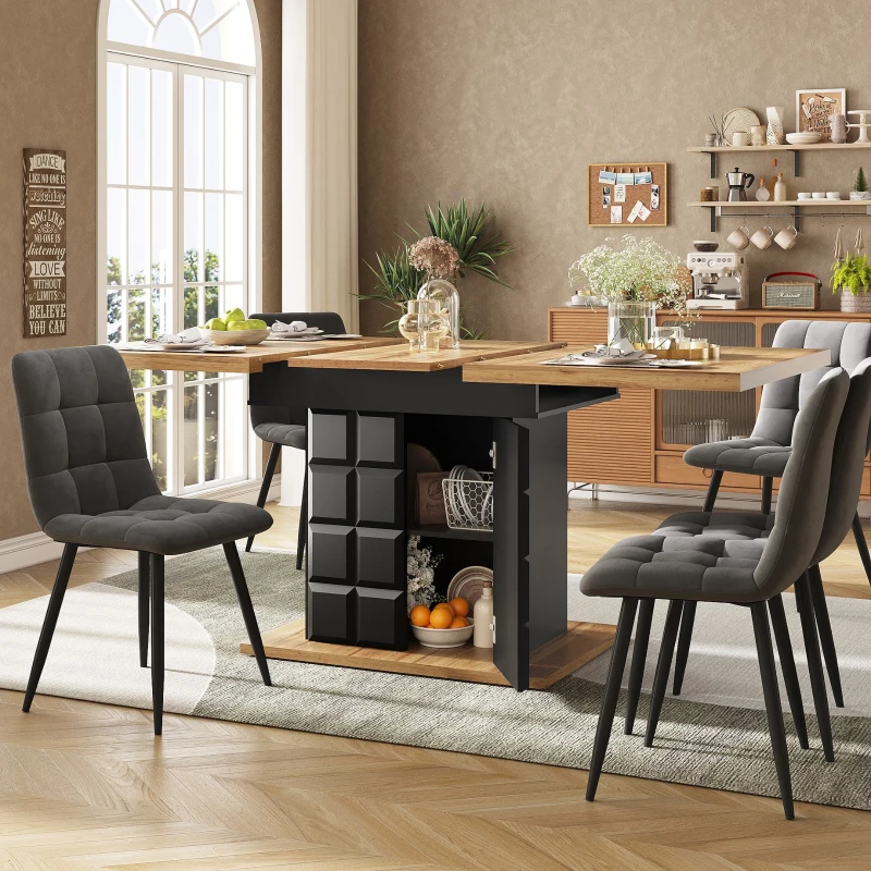 Telescopic Extendable Dining Table with Checked Pattern, Foldable Kitchen Table for 4-6 People, 110-140L x 80W x 75H cm, Black+Natural