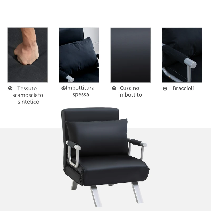 HOMCOM Poltrona Letto Moderna 2 in 1 con Schienale Reclinabile su 5 Posizioni e Cuscino, 65x77x80 cm, Nero