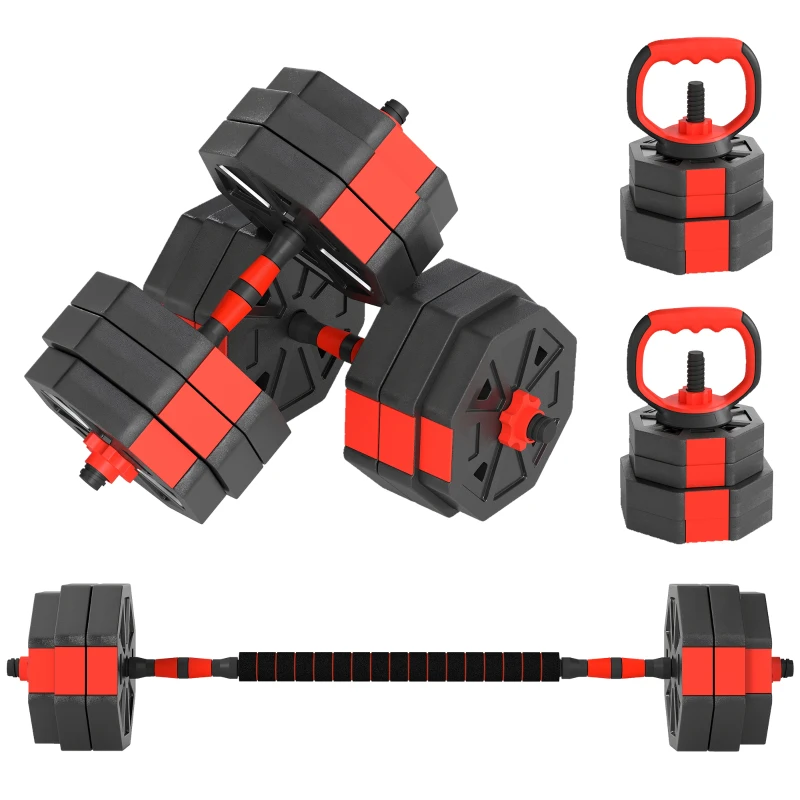SPORTNOW Set de Poids de Gym 4 en 1 de 30kg, Convertible en Kettlebell, 2 Haltères, Barre et Support pour Pompes, Rouge