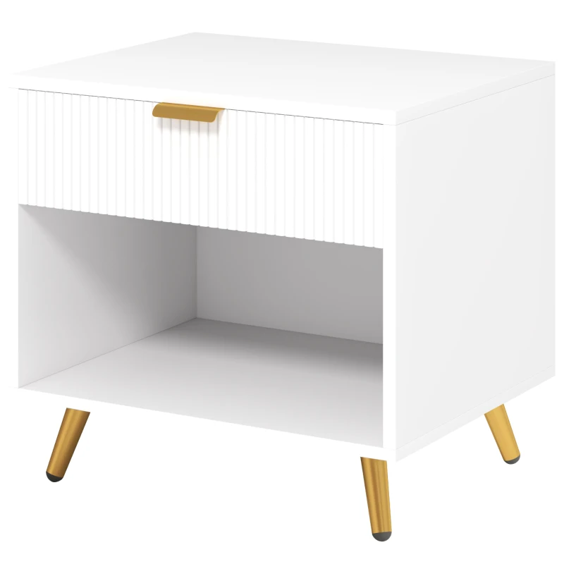 HOMCOM Mesa de Cabeceira Moderna com Gaveta Puxador Dourado e Compartimento Aberto 50x40x47 cm Branco
