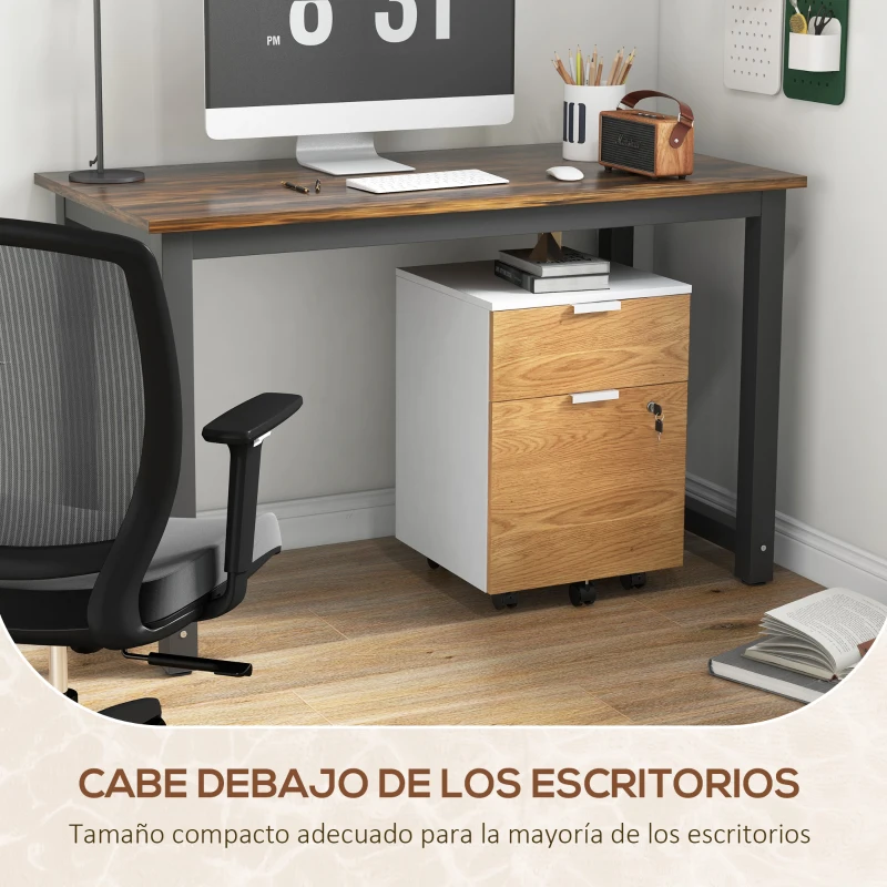 HOMCOM Mueble Archivador con Ruedas 2 Cajones Barra Colgante para Carpetas A4 y Carta Cerradura 42x40x60 cm Blanco y Natural