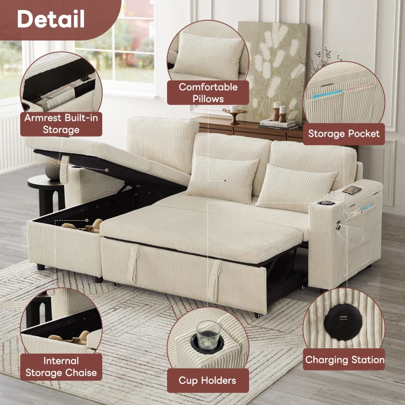3-in-1 Convertible Corduroy Sofa Bed with Storage and Charging Station, L-Shaped Sleeper Sofa with Armrest, 205L x 128W x 79H cm, Beige