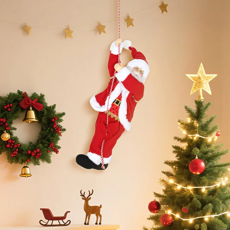 HOMCOM Kerstman 60 cm Zingend en Klimmend Kerstman met Geschenk Touw Soundfunctie Indoor, Rood