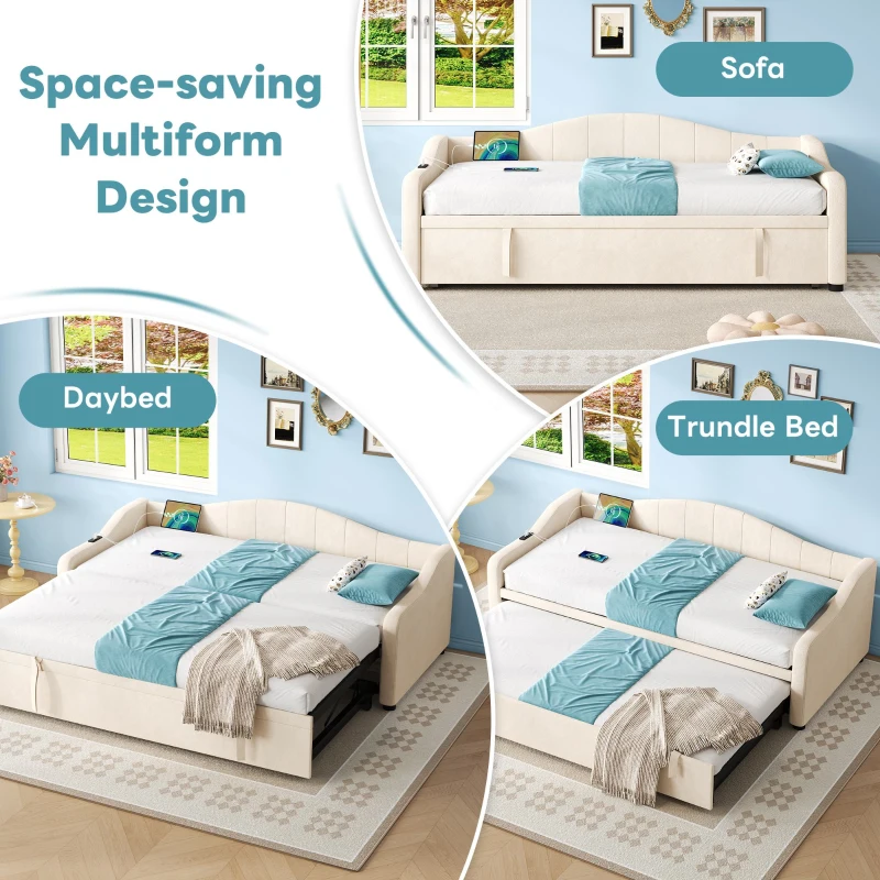 Velvet Upholstered Daybed with USB and Type-C Charging Ports, Convertible Sofa Bed with Pull-Out Trundle, 202L x 193W x 78H cm, Beige