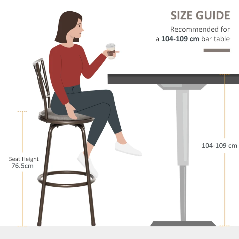 HOMCOM Set of 2 Bar Chairs Swivel Armless Upholstered Metal Frame Barstools with Backrest & Footrest, Bronze