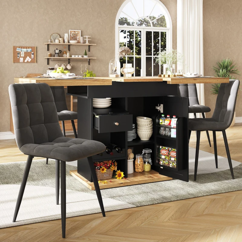 Telescopic Dining Table with Snack Shelf and Wine Rack for 4-6 People, Kitchen Table for Modern Living, 110L x 80W x 75H cm, Black+Natural